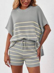 Women's Striped 2 Piece Outfits Oversized Batwing Short Sleeve Tops High Waisted Shorts Summer Knit Lounge Short Sets - Light Grey - View 5