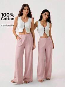 PETITE Pantalones rectos de cintura baja de 100% algodón lavado, pantalones de lino para mujer, pantalones de verano, pantalones anchos de mujer, pantalones de verano, otoño y ropa de otoño para mujer - Rosa vieja - Ver 3