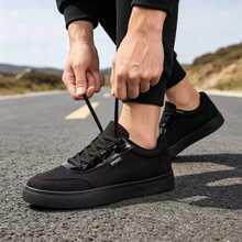 Men's Black Classic Canvas Sneakers | Lightweight Breathable Low-Top Casual Shoes | Lace-Up Comfortable Flat Shoes | Suitable For Spring/Summer Daily Wear, Street Style, Travel & Holiday, Gift - Glossy Black - View 4