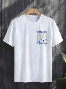 Solantero Men's Short Sleeve T-Shirt With Casual Holiday Style! Cool Lemon Print + Relaxed Slogan, Refreshing Blue And White Color Scheme - 彩色 - 查看 2