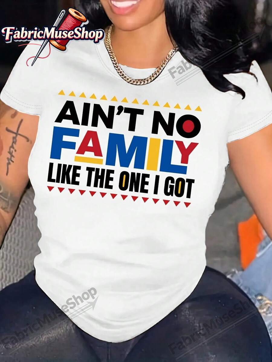 Camiseta para mujer 100 % algod￳n, adecuada para fiestas de verano y atuendos casuales - Estampado de letras coloridas "No hay familia como la que tengo", corte holgado, cuello redondo, manga corta, lavable a m£quina para atuendos familiares a juego