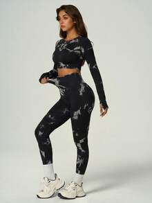 UONNOU Spring Tie Dye High Waist Yoga Leggings - Black and White - View 8