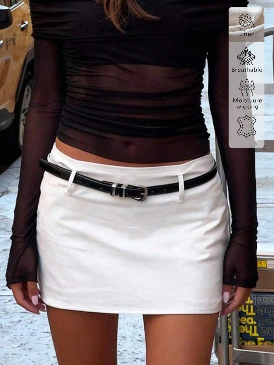 Floreya Women Linen A-Line Skirt, Summer High-End Casual Elegant White Versatile Skirt With Belt Spring - White - View 1