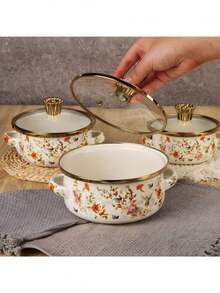 Bộ 3 món gồm: bình sữa tráng men có vành trang trí, bát tráng men, nồi súp tráng men, nồi nhỏ tráng men, nồi tráng men dày dặn, nồi tráng men có nắp, thích hợp cho bếp từ và bếp ga. - Xem 9