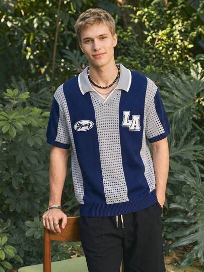 Open Phase Streetwear New Spring/Summer American Retro LA Logo Contrast Color Mesh Polo Collar Short Sleeve Knit Casual Fashionable College Style Top , Retro American, Unisex, Relaxed Fit Summer Outfits – Suitable For Everyday Wear And Summer Holiday Outfits.