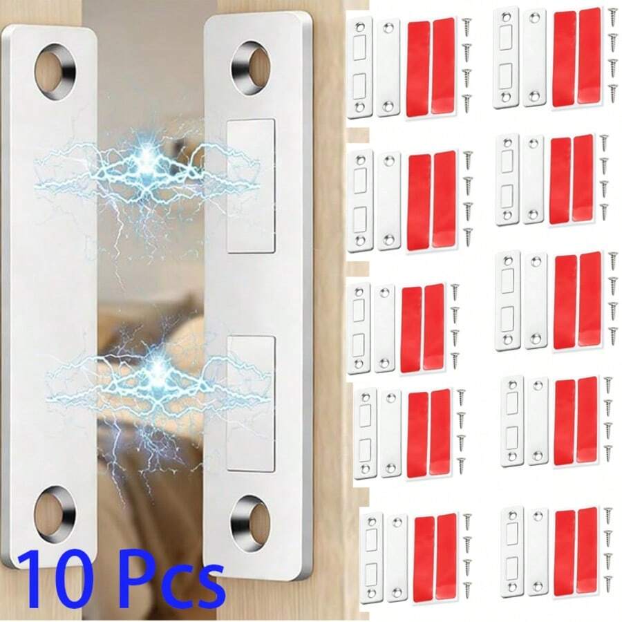 10pcs Cabinet Door Magnets, Ultra-Thin No Drilling Hidden Magnetic Door Stoppers, Suitable For Small Kitchen Wardrobe Sliding Door Closure - Long Door Magnets - 10 Pcs - View 1