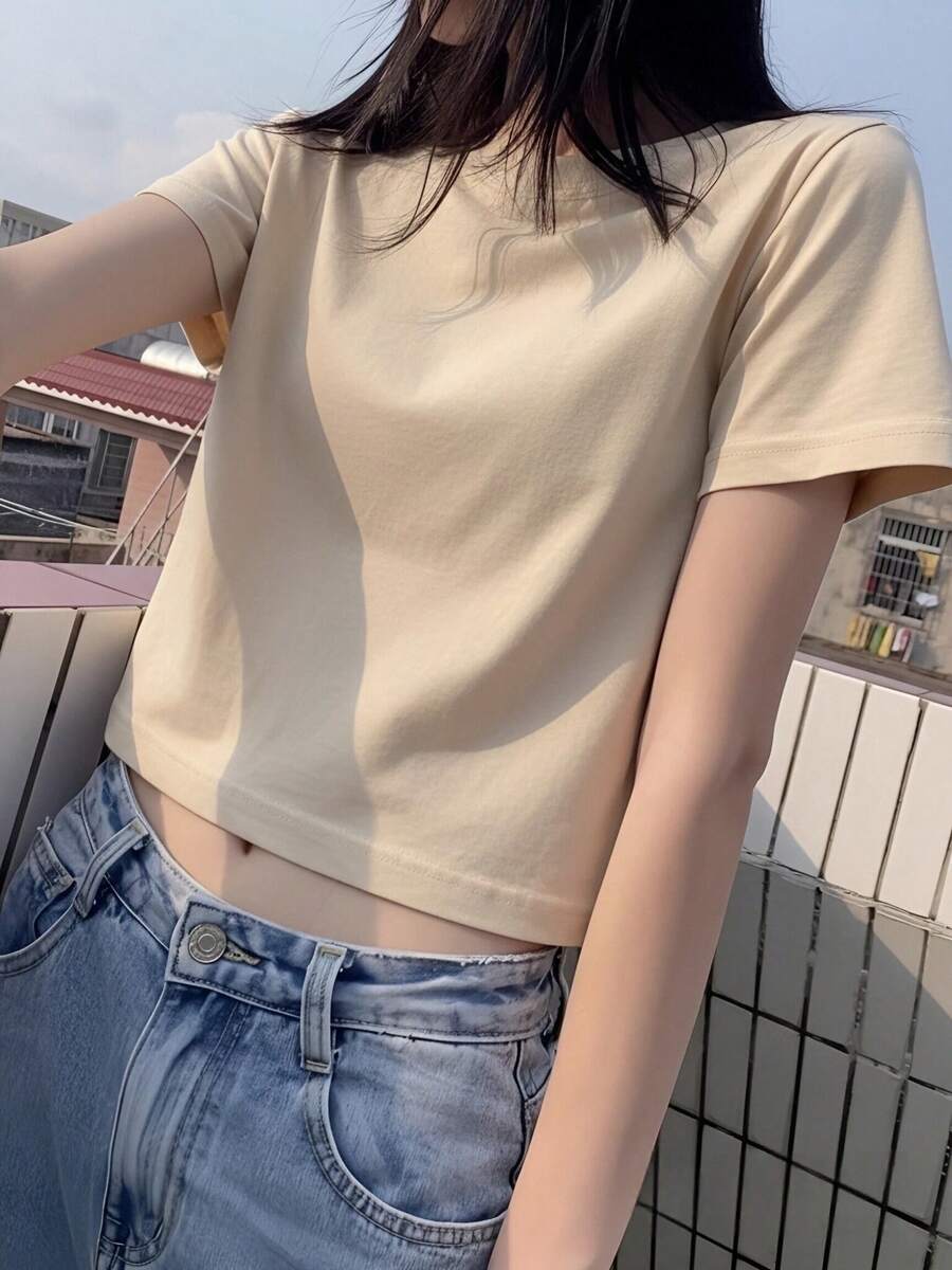 Short Sleeve T-Shirt, Solid Color, New Summer Style, Slim Fit, Versatile Round Neck Top Casual - Apricot - View 1