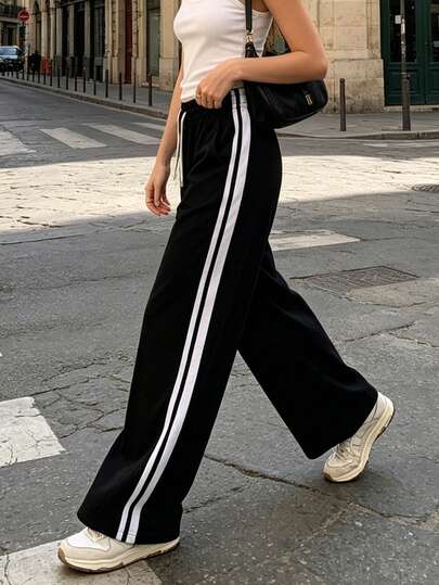 1pc Women's Wide Leg Pants With Line Design, Comfortable Fabric, Suitable For Sports, Outdoor, Casual And Daily Wear