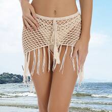 Handmade Crochet Beach Skirt Bikini With Tassels And Fishtail Design - Beige - View 2