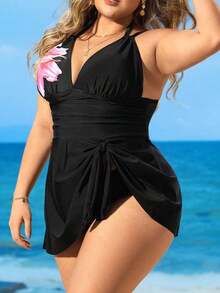 Plus Size Women 2Pcs/Set V-Neck Spaghetti Strap Printed Tankini Top And Bottoms Swimsuit For Summer Beach Vacation - Multicolor 6 - Ver 10