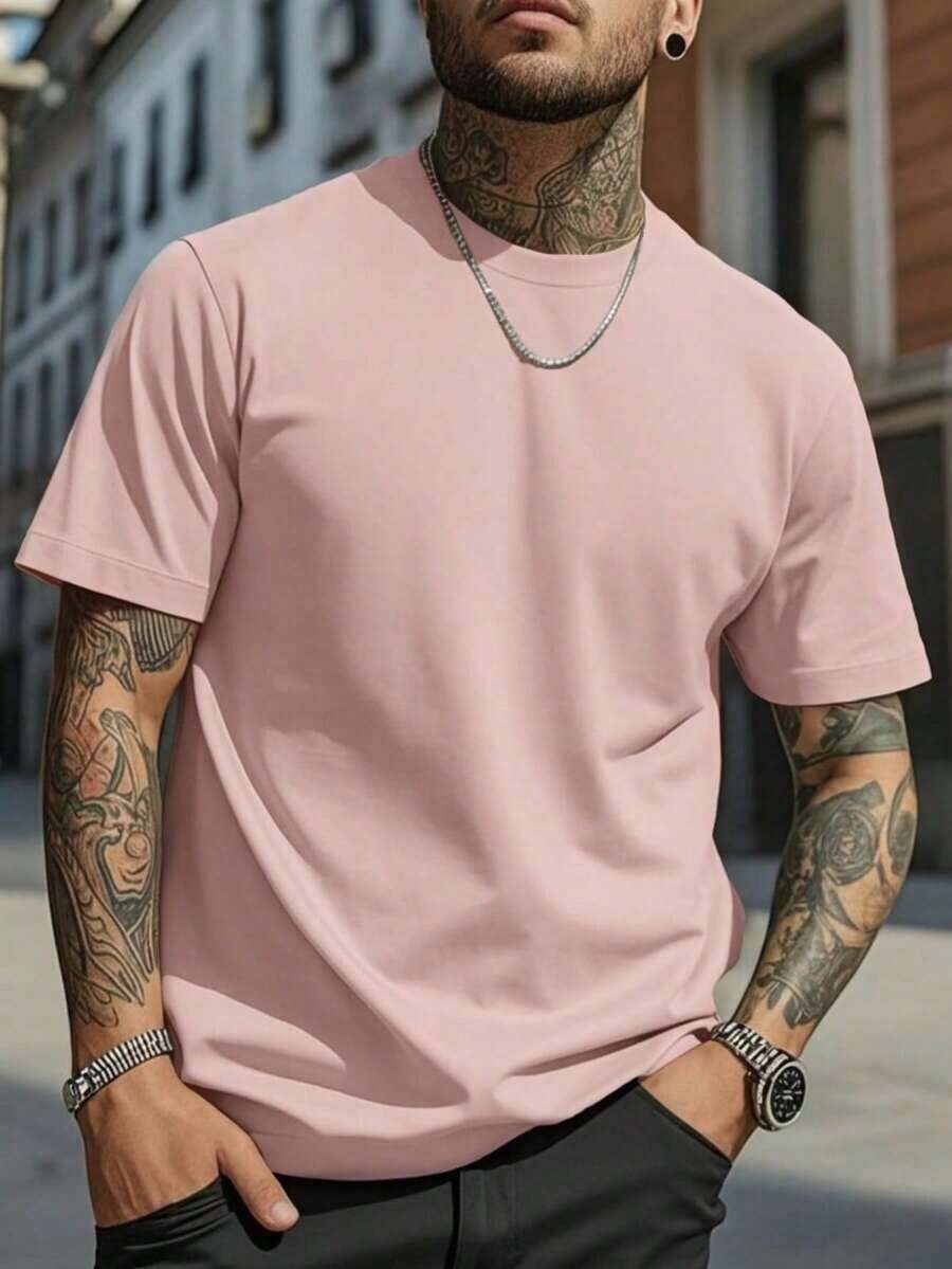 Men's Solid Color Short Sleeve T-Shirt, Comfortable, Breathable, For Summer. - Pink - View 1
