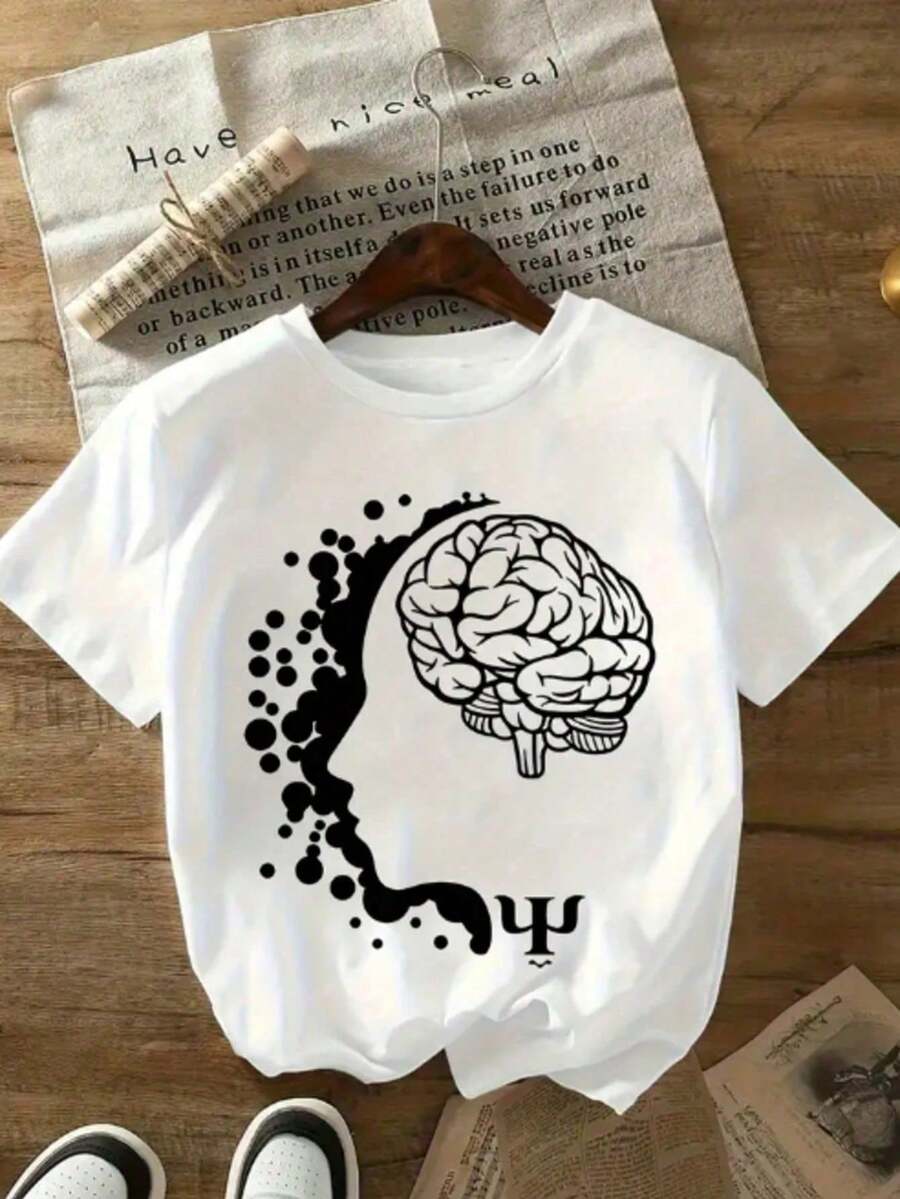 Camiseta Feminina de Gola Redonda Estampada com Cérebro da Psicologia & Plano Sigma, Moda T-shirt Feminina com Estampa de Cérebro da Psicologia & Plano Sigma, Camiseta Casual De Manga Curta, Promoção Blusinha Feminina, Conforto para Todas as Estações - Preto - Visão 1