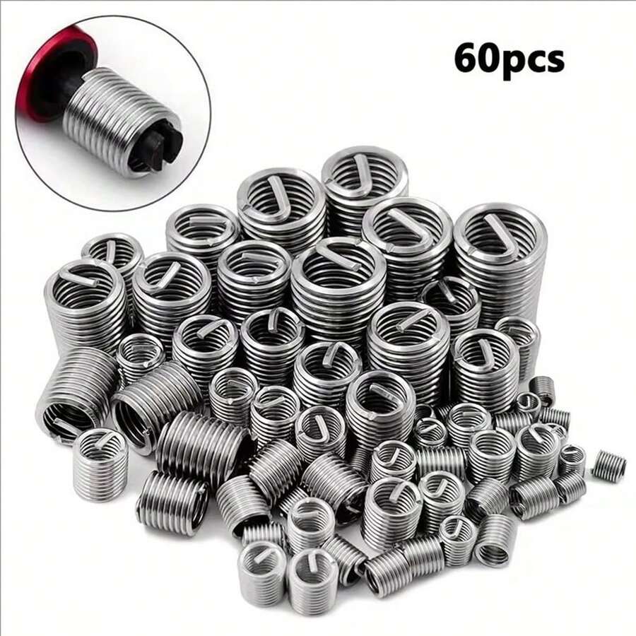 60 PACK 304 Stainless Steel Spiral Repair Kit, Wire Embedded Screw Sleeve Classification Kit, - M3 To M12 Sizes, Durable Steel Wire Thread Insert, Enhanced Metal Thread Strength, Wear Resistant, Fully Covered, Thread Repair Tool, Spiral Coil Thread Repair Sleeve, Multiple Size Combination Kit, Spiral Thread Type Repair Kit, Suitable For Automotive Parts Screw Hole Internal Thread Repair Insert, Automotive Repair, Recovery Fastener Set, Automotive Metal Repair And Thread Repair, Spiral Insertion