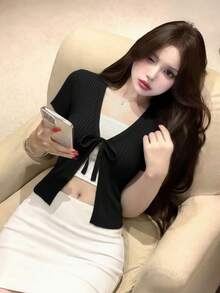 Áo khoác cardigan dệt kim cổ chữ V thắt nơ mới, thiết kế độc đáo, dáng ôm, tay ngắn, thích hợp cho mùa xuân/hè. - màu đen - Xem 6