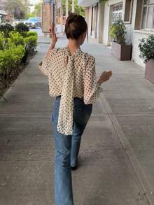 Seelio Spring/Summer New Women's Fashion European And American Style Minimalist Versatile Loose Bowknot Polka Dot Blouse - Beige - View 2