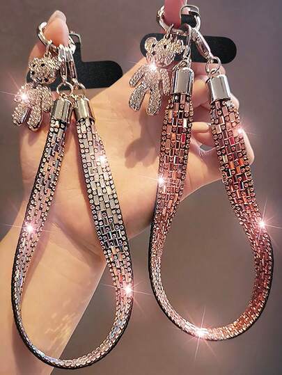 Luxury Shimmering Rhinestones 1 Set Wide Crystal Wrist Strap, Luxury Rhinestone Bear Pendant Phone Lanyard, High-End Keychain Holder, Personalized Accessory, Spring Birthday Gift Party