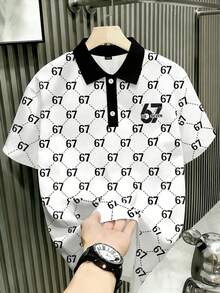 Boys' Casual Vacation Fashionable Luxury Ins Style Brand Fully Allover Print Number 67 Design Short Sleeve Polo Shirt, Spring/Summer - Black and White - View 1