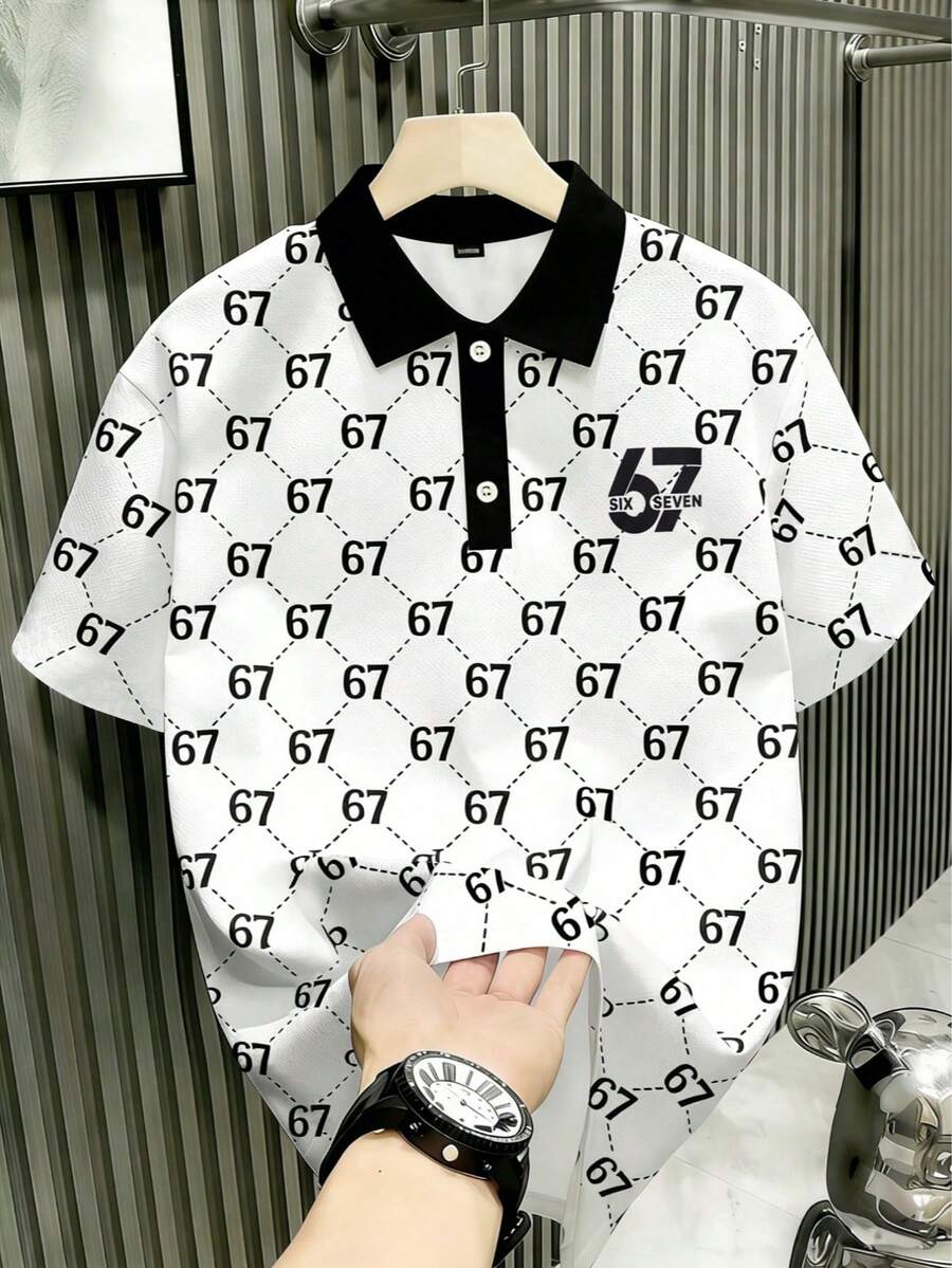 Boys' Casual Vacation Fashionable Luxury Ins Style Brand Fully Allover Print Number 67 Design Short Sleeve Polo Shirt, Spring/Summer - Black and White - View 1