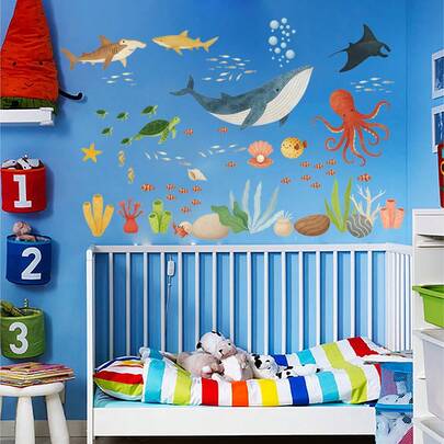 Under The Sea Whale Animal Wall Stickers Marine Ocean Shark Turtle Puffer Fish Manta Ray Wall Decals Bedroom Playroom Home Wall Decor
