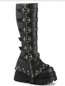 Black Metal Punk Combination Long Boots Cool Platform Height-Enhancing Knee-High Botines Zipper Buckle Leggings Botas - 黑色 - 查看 4