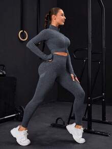 Seamless Zip-Up Tracksuit With Thumb Holes - Dark Gray - View 5