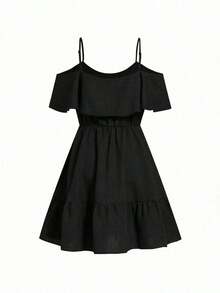 Vestido mini elegante de alta gama, diseño de hombros descubiertos y corte entallado, ideal para vacaciones, uso diario, reuniones y meriendas - Negro - Ver 5