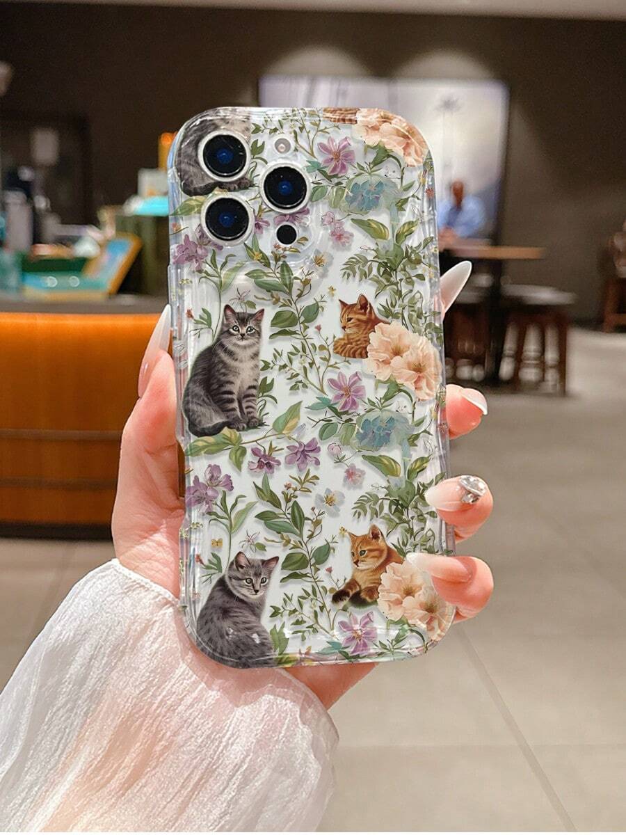 可爱花卉、树叶、猫咪图案波浪纹奶油色TPU手机壳，适合作为节日礼物，兼容苹果XS/XS Max/XR/11/12/13/14/15/15 Pro/16 Pro/16 Pro Max/16 Plus/17系列 - 彩色 - 查看 1