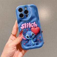 Disney Official Lilo & Stitch Cartoon Phone Case, Denim Blue Irregular Wavy Curved Edge Soft Protective Cover, Love Heart Balloon & Pink Stitch Letter Decorative Pattern Anti-Drop Anti-Scratch Phone Shell For IPhone 17, 16, 15, 14, 13, 12, And 11 Pro Models.. A Fun Gift For Family, Friends, Birthdays, Holidays, And Special Occasions. - 白色 - 查看 2