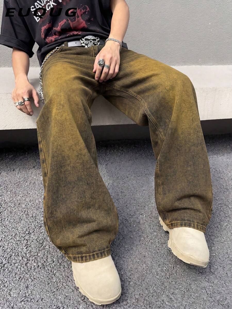 男士宽松直筒牛仔裤，休闲街头风，四季皆宜 - 芥末黃 - 查看 1