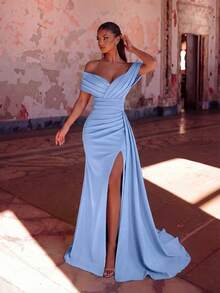 ADYCE Elegant One Shoulder Cross V Neck Pleated High Waist Long Ribbon High Slit Backless Floor Length Prom Dress Wedding Guest Prom Homecoming Date Ball - Baby Blue - View 7