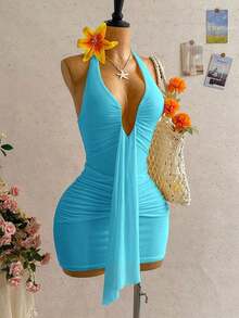 Vestido mini casual de vacaciones para mujer con escote en V profundo, cuello halter con lazo, y drapeado.Adecuado para la playa, cruceros y festivales de música en verano - verde menta - Ver 8