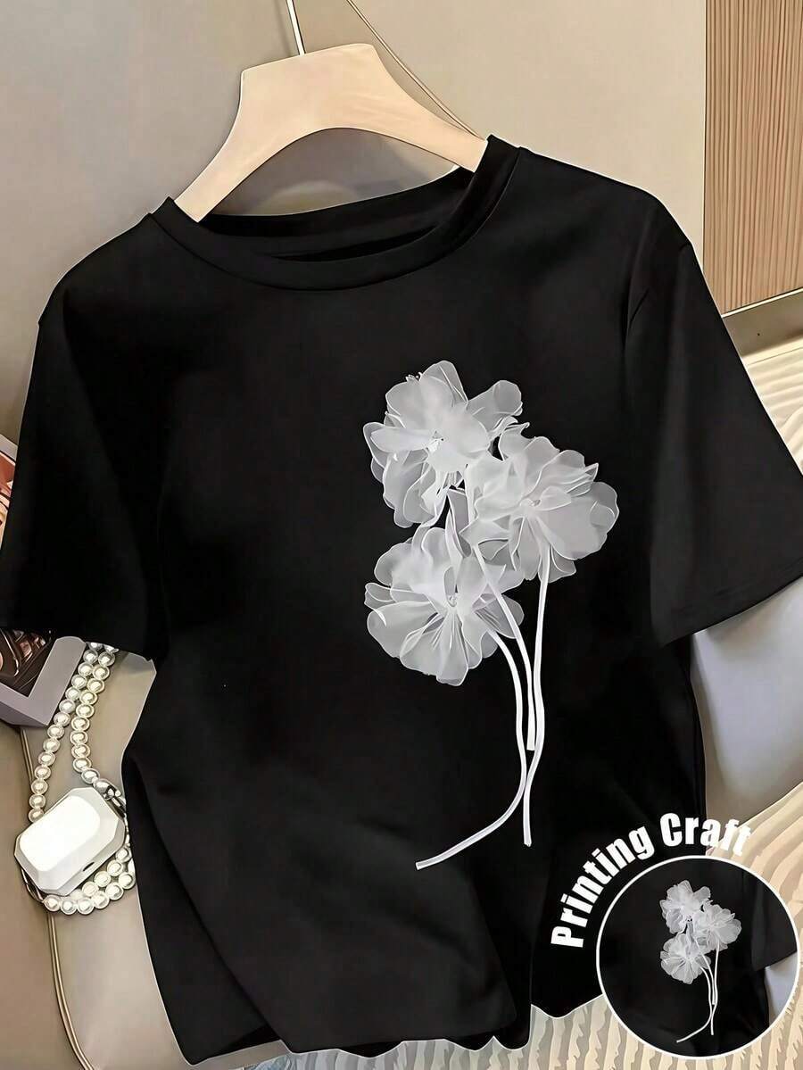 Camiseta de manga corta de cuello redondo casual y versátil para mujer, adecuada para el Día de San Valentín - Negro - Ver 1