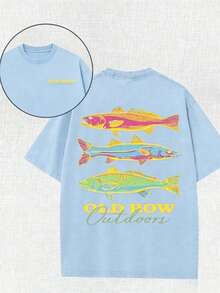 Men's Casual Summer Washed Cotton T-Shirt Old Row Outdoor Fish Print, Round Neck Short Sleeve Lightweight Knitted Fabric, Rib Details 100% Cotton - 天藍色 - 查看 13