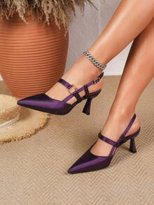 Giày cao gót mũi nhọn màu tím, quai satin, sandal hở gót, giày dự tiệc thanh lịch dành cho nữ, mùa xuân/hè. - Màu tím - Xem 2