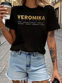 Camiseta casual de manga corta y cuello redondo para mujer Veronika en checo con estampado de letras, perfecta para primavera y verano, ideal para uso diario y regalos festivos - Negro - Ver 6