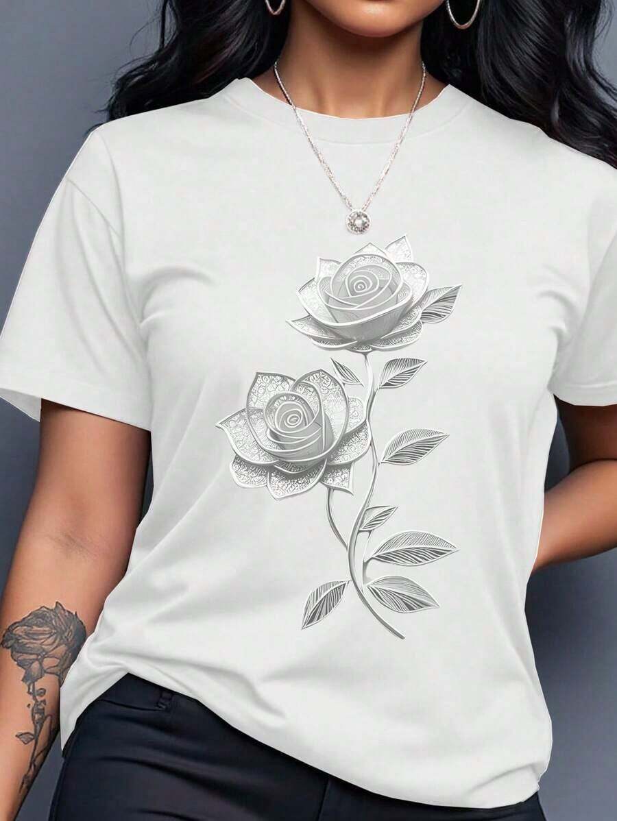 de mujer de manga corta con cuello redondo, estampado floral 3D, versátil y casual - Blanco - Ver 1