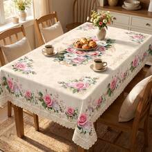 1pc Rectangular/Oval/Round Vintage Rose Print Tablecloth, Floral Lace Trim Polyester Fabric, Home Decor, Wedding Decorations, Table Cloth - Multicolor - View 8