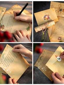 Bộ 6 giấy viết thư Kraft phong cách retro kèm phong bì, in hình ông già Noel và người tuyết, thích hợp làm quà tặng Giáng sinh cho bạn bè, gia đình và người thân. - 6 tờ giấy khổ A4 - Xem 3