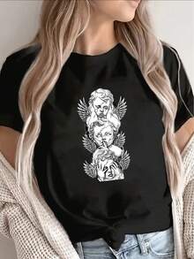 Pure Cotton Short-Sleeved T-Shirt With  2026 Angel Print, Lightweight And Durable, Suitable For Home, Cafes Or Casual Outdoor Wear. - 黑色 - 查看 7