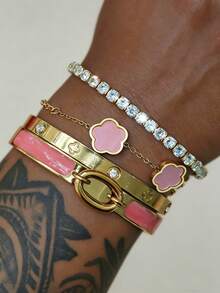 1/4pcs Stainless Steel 18K Gold Plated Colorful Dopamine Clover Bangle Bracelet Set, Suitable For Women Music Festival Wear, Personalized Jewelry Set, Waterproof & Fade-Resistant - Bracelet Set - View 3