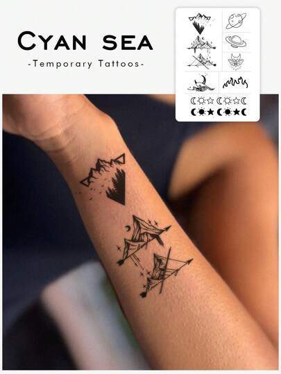 1 Tattoo Sticker, Minimalist Mountains, Stars, Moon, Planets, Geometric, Temporary Tattoo Sticker, Washable, PVC, Disposable, Waterproof, Sweatproof, Suitable For Arms, Waist, Abdomen, Back, Legs, Non-Reflective, Realistic Tattoo, Suitable For People, Daily Use, Lasts 3-5 Days