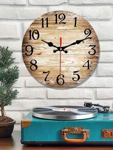 1pc Vintage Wood Grain Pattern Round Wall Clock, Suitable For Home, Office And School Decoration, Requires AA Battery (Not Included) - 彩色 - 查看 7