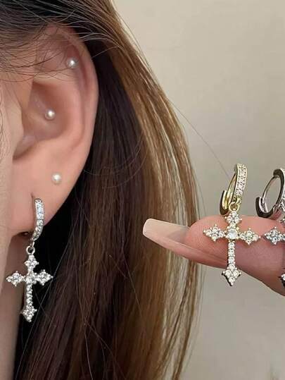 1 đôi bông tai hình chữ thập sang trọng, tối giản, thời trang đính đá Cubic Zirconia siêu sáng bóng dành cho nữ, thích hợp để đeo hàng ngày.