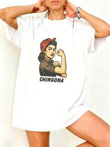 Camiseta Blanca con Estampado de Mujer Fuerte y Texto Chingona para Uso Diario - Blanco - Ver 1