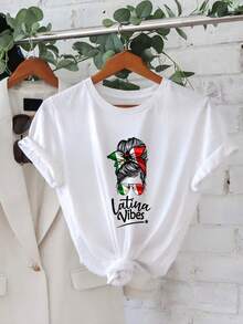 Camiseta Blanca con Estampado de Cabello y Gafas Italianas Latina Vibes para Mujer Casual - Blanco - Ver 2