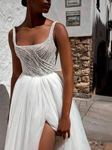 Beaded Bodice With Side Slit A-Line White Wedding Dress And Sheer Back – Luxe Floor-Length Bridal Gown With Elegant Silhouette And Flowing Train, Perfect For Weddings, Christmas, Halloween, Balls, Birthday Celebrations, And Special Events. Suitable For Ceremonies, Parties, Vacations, Formal Gatherings, Evening Galas, Prom Dresses, Homecoming Dresses, Cocktail Events, Bridal Party Attire, Wedding Guest Outfits, And Graduation Occasions. - trắng - Xem 3