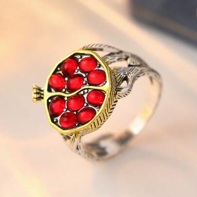 ビンテージスタイルの女性用リング、ガーネットライクのジェムストーンとレッドジルコニアをインレイ、ユニークなデザイン、レトロスタイルのリング