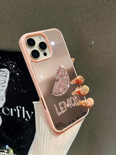 1pc Minimalist Summer Style Solid Color Embedded 3D Crystal Rhinestone Lemon Shiny Mirror Full Coverage Comfortable Soft Edge Phone Protective Case Compatible With Apple 17 Pro Max, 16 Pro Max, 15, 14 Pro, 13, 12, 11 Series