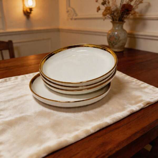 1/2/4pcs 8/10in Ceramic Plate Set, Luxury Elegant Gold Rim Design, Kitchen Accessories, Microwave & Dishwasher , Reusable Salad/Steak Plates, Suitable For Salad, Steak, Pasta, Home, Restaurant, Party Use