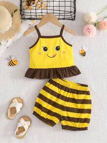 1 Set Baby Girls Cute Bee Sleeveless Ruffled Cartoon Top + Striped Floral Shorts, Soft & Adorable Outfit For Daily Wear, Outing, Photography, 2026 Spring/Summer New Fashion - Yellow - View 3